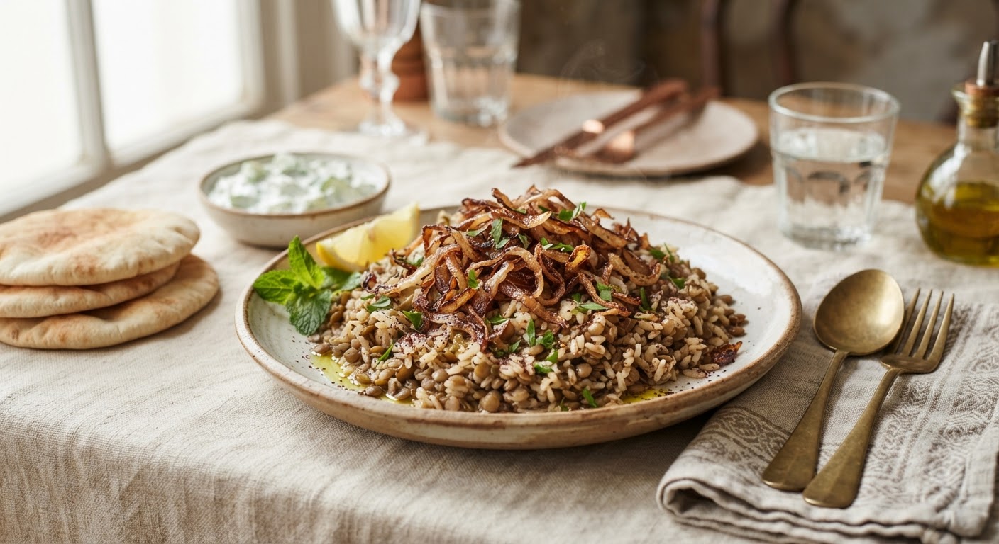 Mjadra (Riz aux Lentilles avec Oignons Frits)