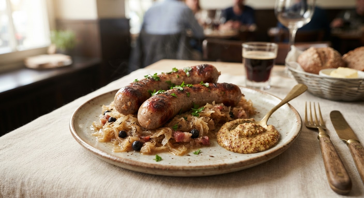 Bratwurst mit Sauerkraut und Senf (Saucisses grillées avec choucroute et moutarde)