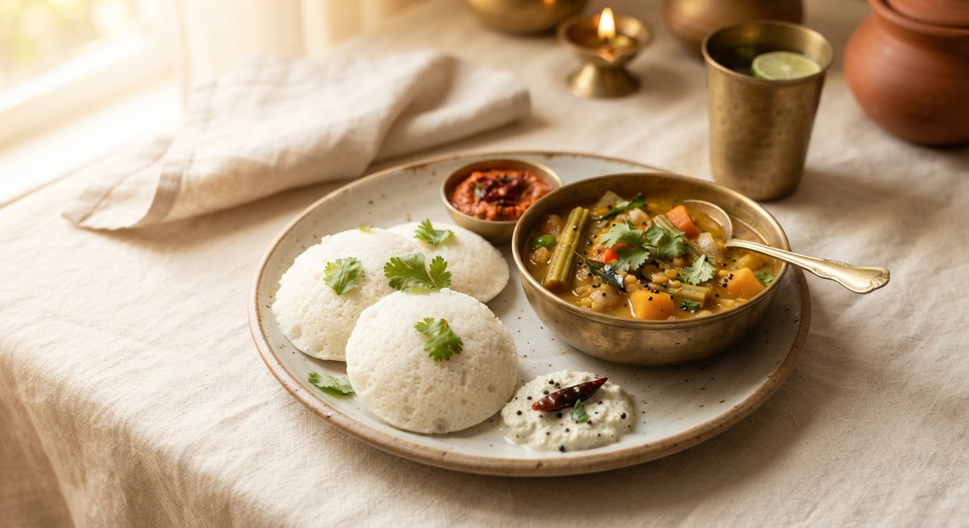 Idli Sambar (Galettes vapeur et soupe de lentilles aux légumes)
