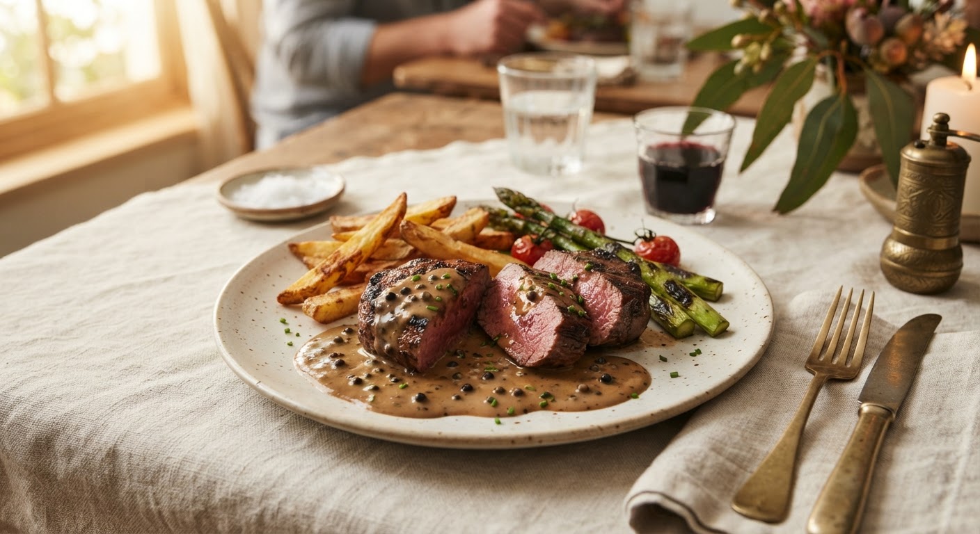 Kangaroo steak au poivre