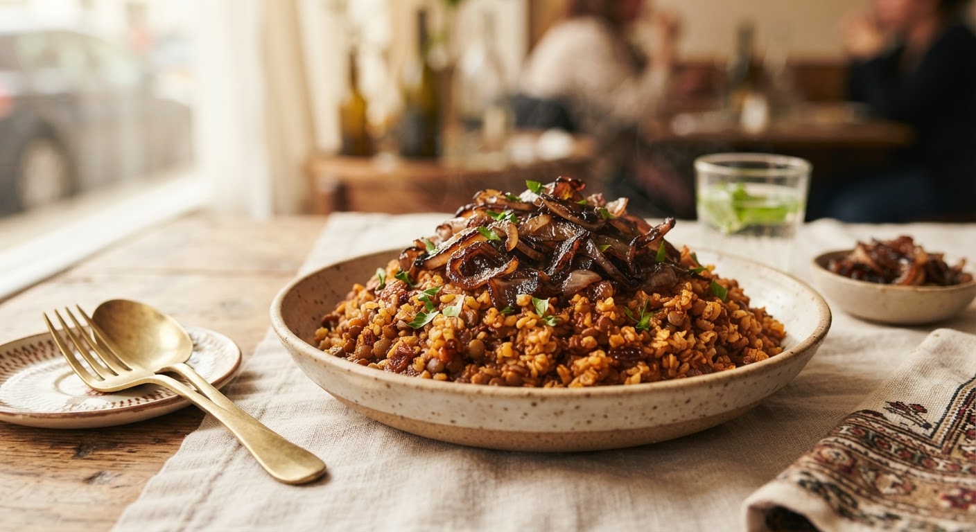 Moujadara Hamra (Lentilles-boulgour aux oignons caramélisés)