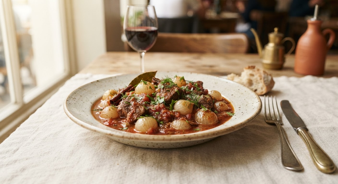 Stifado de bœuf aux petits oignons