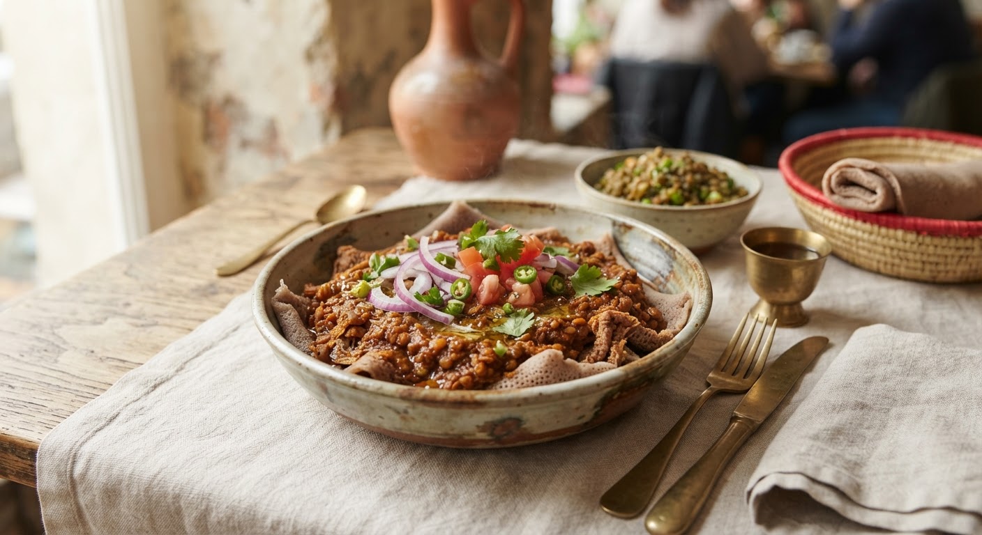 Firfir aux Lentilles (injera émiettée mijotée)